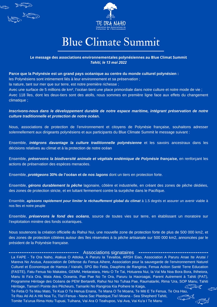 Le message des associations environnementales polynésiennes au Blue Climat Summit Tahiti