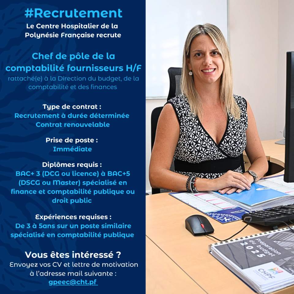 Recrutement – un(e) Chef(fe) de pôle de la comptabilité fournisseurs rattaché(e) à la Direction du budget, de la comptabilité et des finances (DBC)