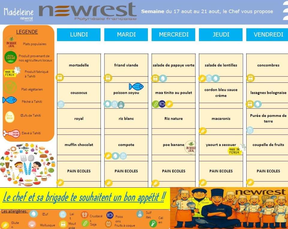 Menu de la semaine du 17 au 21 aout 2026