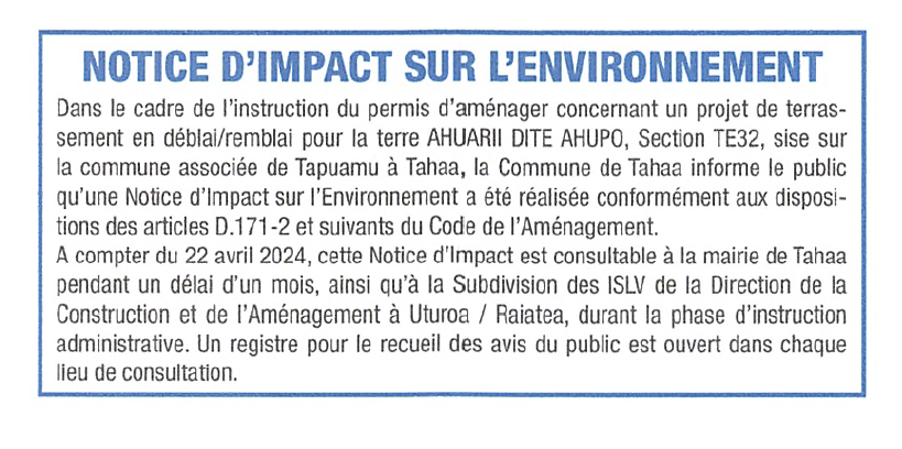 Notice d’Impact sur l’Environnement Terrassement Terre AHUARII DIT AHUPO