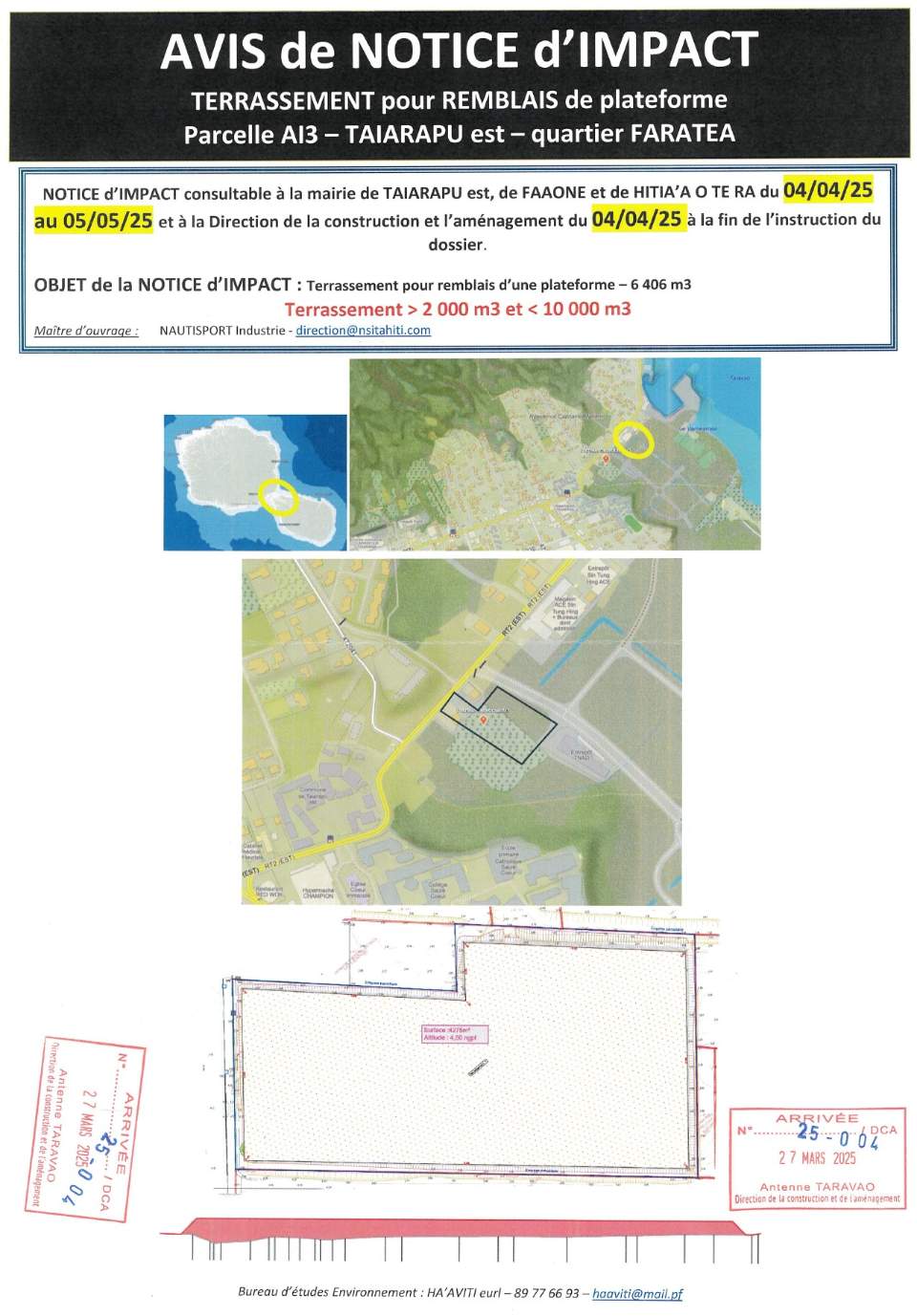 Notice d’impact sur l’environnement concernant un terrassement pour remblais de plateforme sur la parcelle AI3, Taiarapu Est, Quartier Faratea