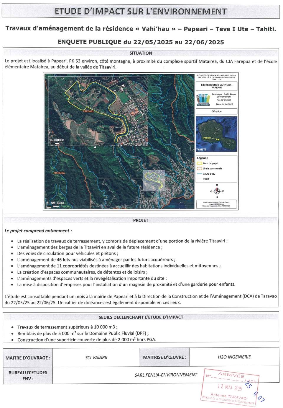 Etude d’impact sur l’environnement du projet de travaux d’aménagement de la résidence « Vahi’hau » – Papeari – Teva I Uta – Tahiti.