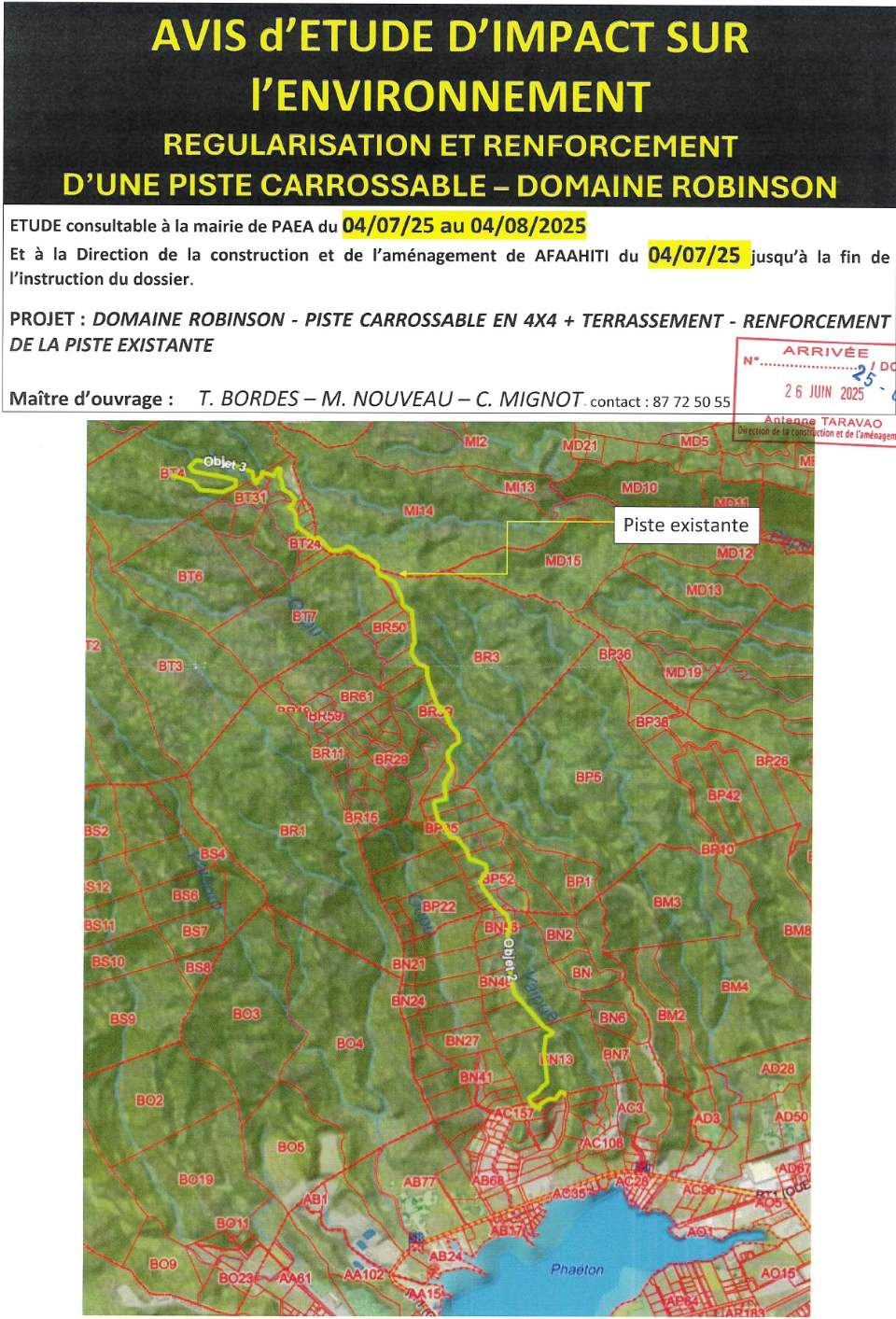 Etude d’impact sur l’environnement du projet concernant la régularisation et renforcement d’une piste carrossable sur le domaine Robinson, Afaahiti.