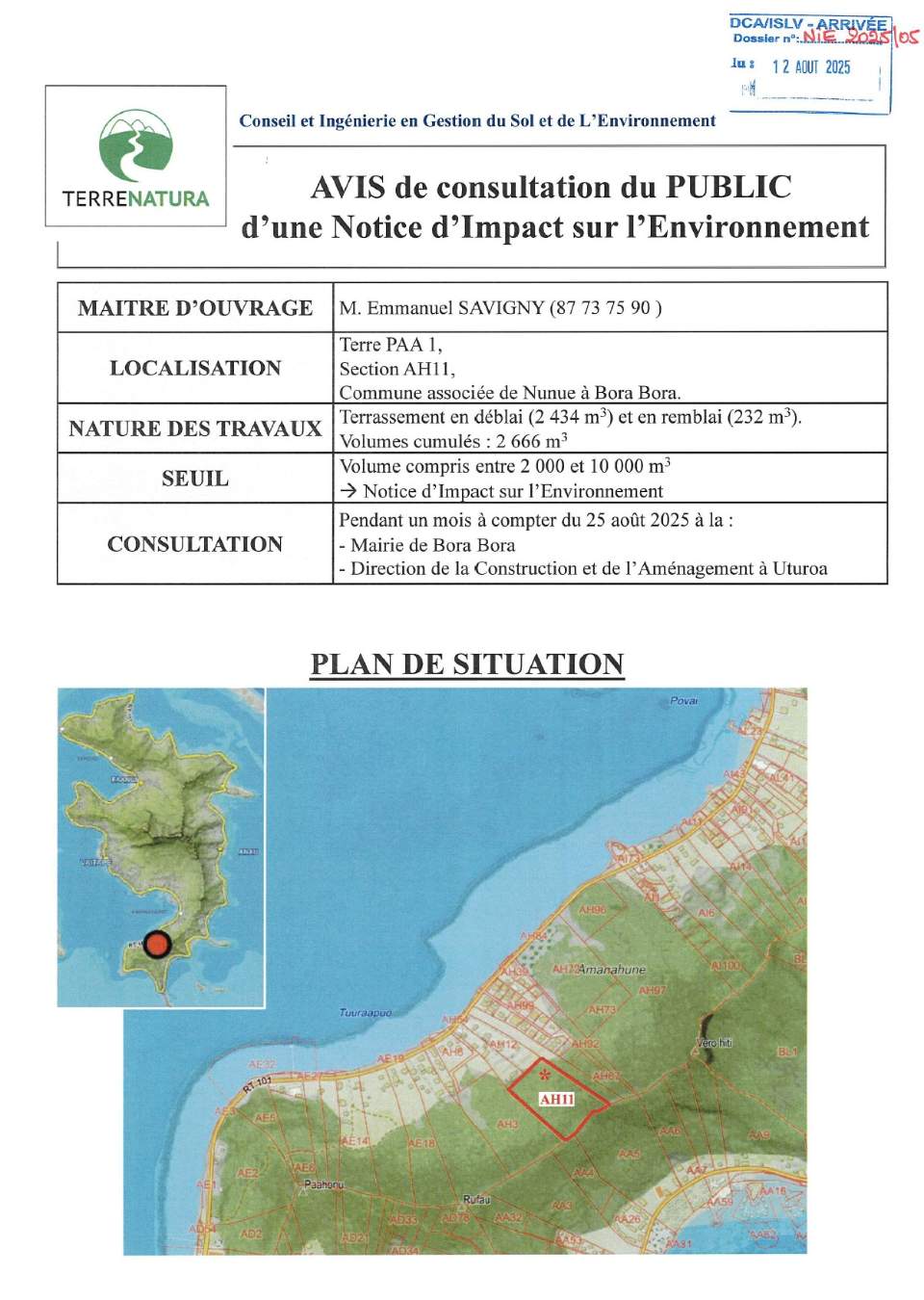 Notice d’impact sur l’environnement concernant un projet de terrassement en déblai/remblai pour la terre PAA 1, section AH11, sise sur la commune associée de Nunue à Bora Bora