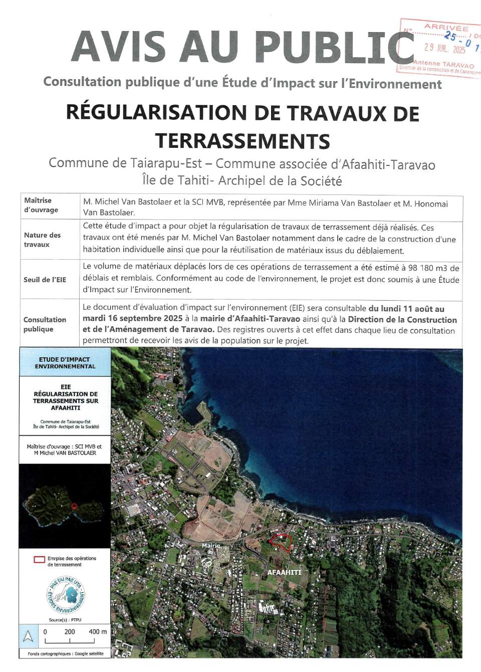 Etude d’impact sur l’environnement du projet concernant la régularisation des travaux de terrassement menés par la SCI MVB sur la commune associée de Afaahiti.