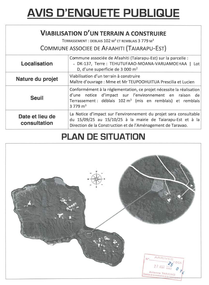 Notice d’impact sur l’environnement relative aux travaux viabilisation d’un terrain à construire sur la parcelle DK-137 lot D de la commune associée de Afaahiti , Taiarapu Est.