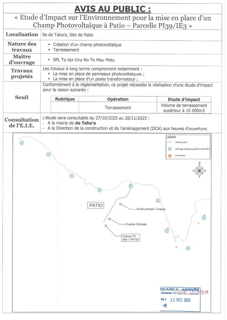 Etude d’impact pour la mise en place d’un champ photovoltaïque à Patio, Taha’a – Parcelle PI39 et IE3 pour le compte de la SPL Te Api Uira No Te Mau Motu
