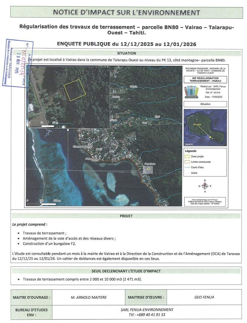 Notice d’impact sur l’environnement relative à la régularisation de travaux de terrassement – parcelle BN80, Vairao – Taiarapu ouest