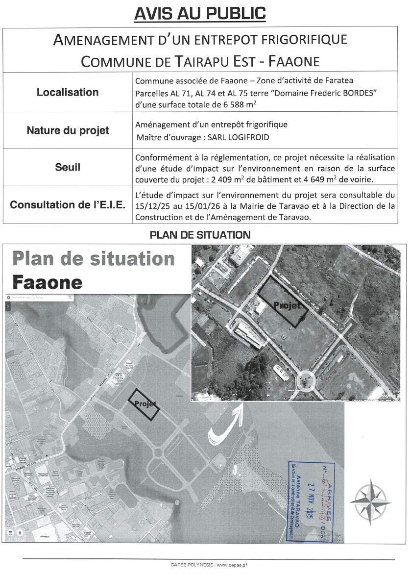 Etude d’impact sur l’environnement relative à l’aménagement d’un entrepot frigorifique sur la commune de Taiarapu est – Faaone (parcelles AL 71, AL 74 et AL 75)