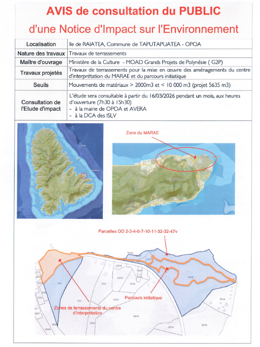 Notice d’impact concernant des travaux de terrassements pour la mise en œuvre des aménagements du centre d’interprétation du MARAE et du parcours initiatique sur les parcelles OD 2-3-4-6-7-10-11-32-47 sur la commune de TAPUTAPUATEA – OPOA, île de Raiatea.