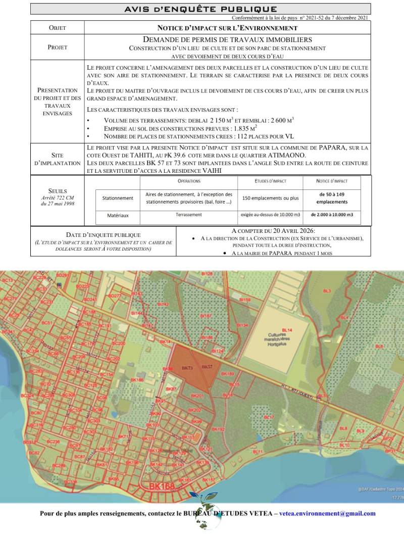 Notice d’impact sur l’environnement pour la construction d’un lieu de culte et de son parc de stationnement avec dévoiement de deux cours d’eau, parcelles BK 57 et 73, commune de Papara