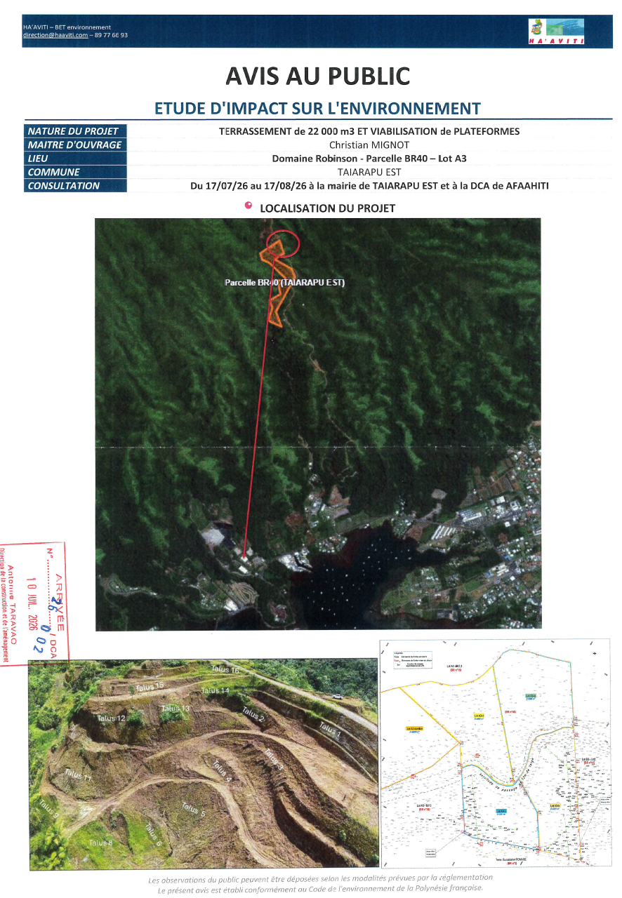 Etude d’impact sur l’environnement pour un projet de terrassement de 22 000 m³ et viabilisation de plateformes sur la parcelle BR40 – Lot A3 du Domaine Robinson à Taiarapu Est