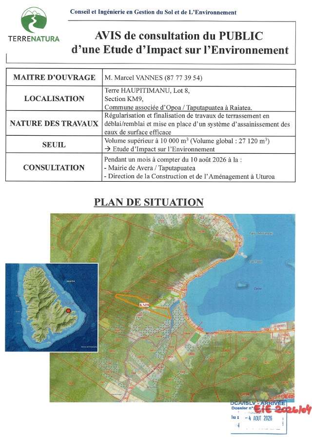 Etude d’impact sur l’environnement pour un projet de régularisation et finalisation de travaux de terrassement de 27 120 m3 sur la parcelle KM9 – lot 8, commune associée de Opoa, Taputapuatea, île de Raiatea