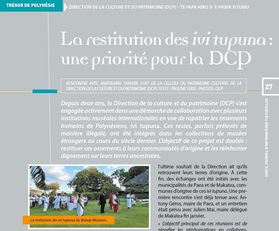 La restitution des ivi tupuna : une priorité pour la DCP (Hiro’a n° 206 – Février 2025)
