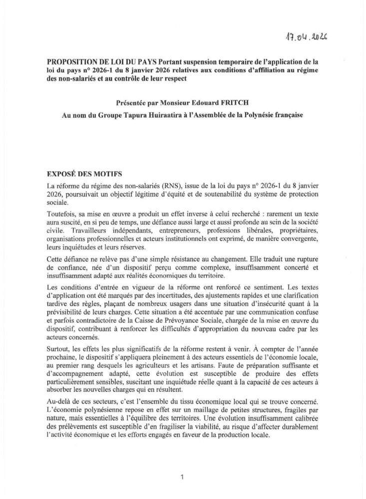 Le Tapura dépose une proposition de loi pour suspendre la réforme du RNS